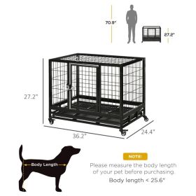 PawHut Heavy Duty Dog Crate With Removable Tray, Lockable Wheels And Double Door, For Medium And Large Dogs, Black (Option: Black)