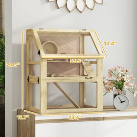 3 Tier Wooden Hamster Cage W Detachable Bottom, Hut, Seesaw, Exercise Wheel, Ramps (Option: Natural Wood Finish)