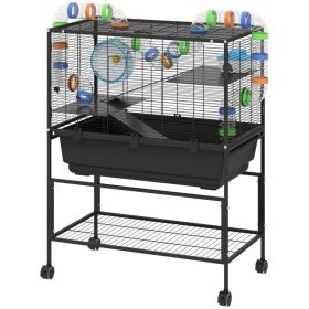 3 Tier Hamster Cage, Rolling Rat Cage with Deep Tray, Storage Shelf, Big Exercise Wheel, Hut, Tube System (Option: Black-870x520x290 mm)