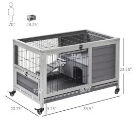 PawHut Indoor Rabbit Enclosure, Wooden Elevated Cage Habitat With Enclosed Run With Wheels - Ideal For Rabbits And Guinea Pigs (Option: Grey)