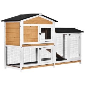 62" Rabbit Hutch, Wooden Bunny Hutch, Guinea Pig Cage, Small Animal Enclosure with Run Area, Removable Tray, Asphalt Roof, Lockable Doors and Ra (Option: Natural Wood-940x230x770 mm)